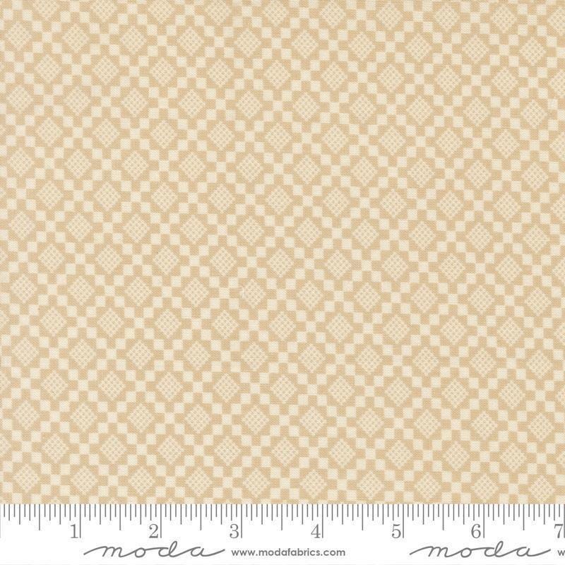 Image of True Love Checkmate Oatmeal quilting cotton fabric by Lella Boutique for Moda Fabrics. Features a geometric pattern on a beige background. Cute Little Fabric Shop.