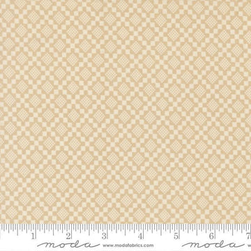 Image of True Love Checkmate Oatmeal quilting cotton fabric by Lella Boutique for Moda Fabrics. Features a geometric pattern on a beige background. Cute Little Fabric Shop.