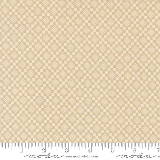 Image of True Love Checkmate Oatmeal quilting cotton fabric by Lella Boutique for Moda Fabrics. Features a geometric pattern on a beige background. Cute Little Fabric Shop.