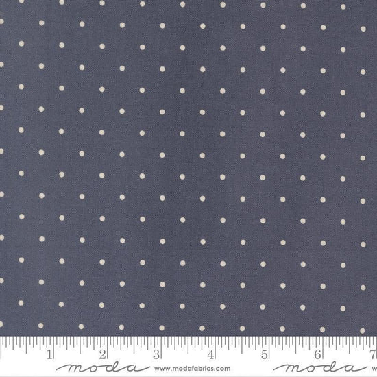 Image of True Love Magic Dot Twilight quilting cotton fabric by Lella Boutique for Moda Fabrics. Features polka dots on a blue background. Cute Little Fabric Shop.