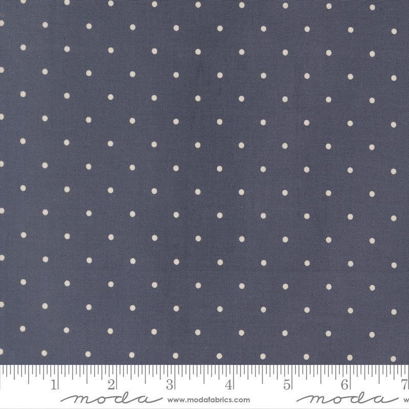 Image of True Love Magic Dot Twilight quilting cotton fabric by Lella Boutique for Moda Fabrics. Features polka dots on a blue background. Cute Little Fabric Shop.