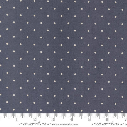 Image of True Love Magic Dot Twilight quilting cotton fabric by Lella Boutique for Moda Fabrics. Features polka dots on a blue background. Cute Little Fabric Shop.