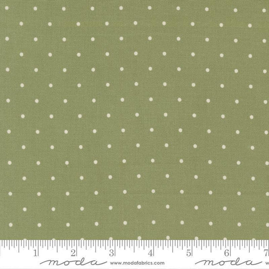 Image of True Love Magic Dot Sprig quilting cotton fabric by Lella Boutique for Moda Fabrics. Features polka dots on a green background. Cute Little Fabric Shop.
