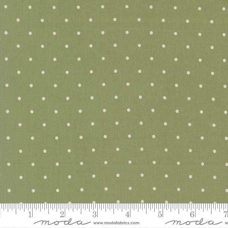 Image of True Love Magic Dot Sprig quilting cotton fabric by Lella Boutique for Moda Fabrics. Features polka dots on a green background. Cute Little Fabric Shop.