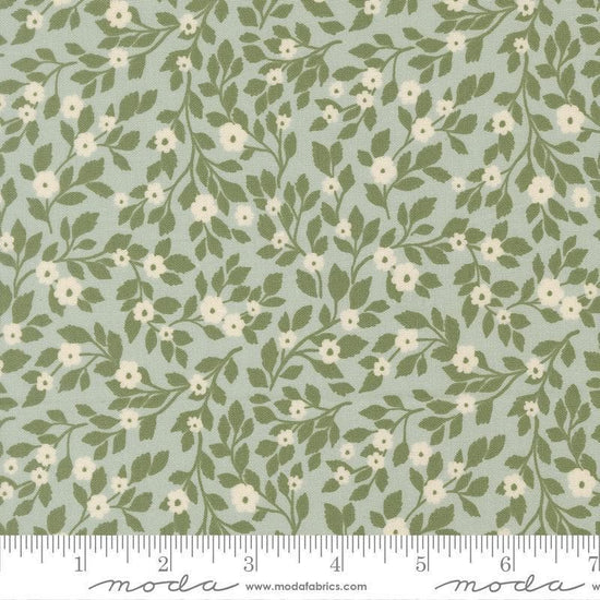 Image of True Love Daydream Posies Robins Egg quilting cotton fabric by Lella Boutique for Moda Fabrics. Features flowers on a blue background. Cute Little Fabric Shop.