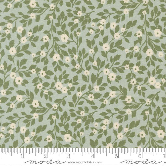 Image of True Love Daydream Posies Robins Egg quilting cotton fabric by Lella Boutique for Moda Fabrics. Features flowers on a blue background. Cute Little Fabric Shop.