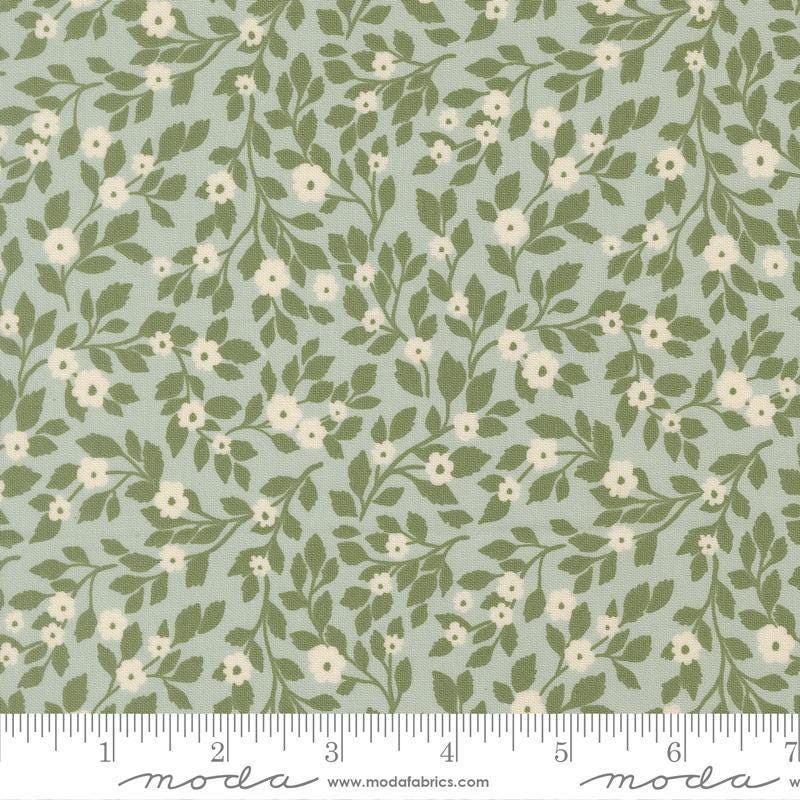 Image of True Love Daydream Posies Robins Egg quilting cotton fabric by Lella Boutique for Moda Fabrics. Features flowers on a blue background. Cute Little Fabric Shop.