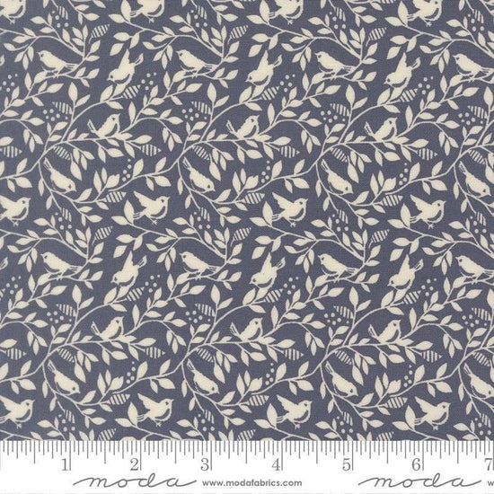 Image of True Love Birds of a Feather Twilight quilting cotton fabric by Lella Boutique for Moda Fabrics. Features leaves and bird on a blue background. Cute Little Fabric Shop.