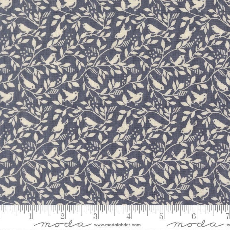 Image of True Love Birds of a Feather Twilight quilting cotton fabric by Lella Boutique for Moda Fabrics. Features leaves and bird on a blue background. Cute Little Fabric Shop.