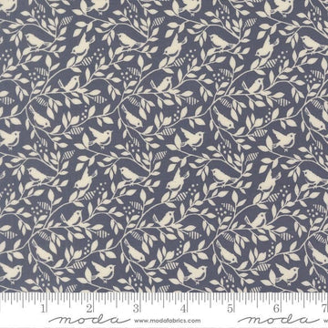 Image of True Love Birds of a Feather Twilight quilting cotton fabric by Lella Boutique for Moda Fabrics. Features leaves and bird on a blue background. Cute Little Fabric Shop.