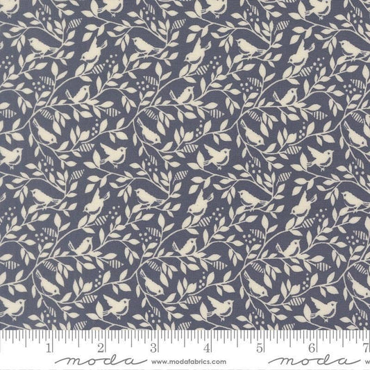 Image of True Love Birds of a Feather Twilight quilting cotton fabric by Lella Boutique for Moda Fabrics. Features leaves and bird on a blue background. Cute Little Fabric Shop.