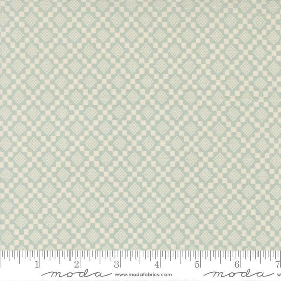 Image of True Love Checkmate Robins Egg quilting cotton fabric by Lella Boutique for Moda Fabrics. Features a geometric pattern on a blue background. Cute Little Fabric Shop.