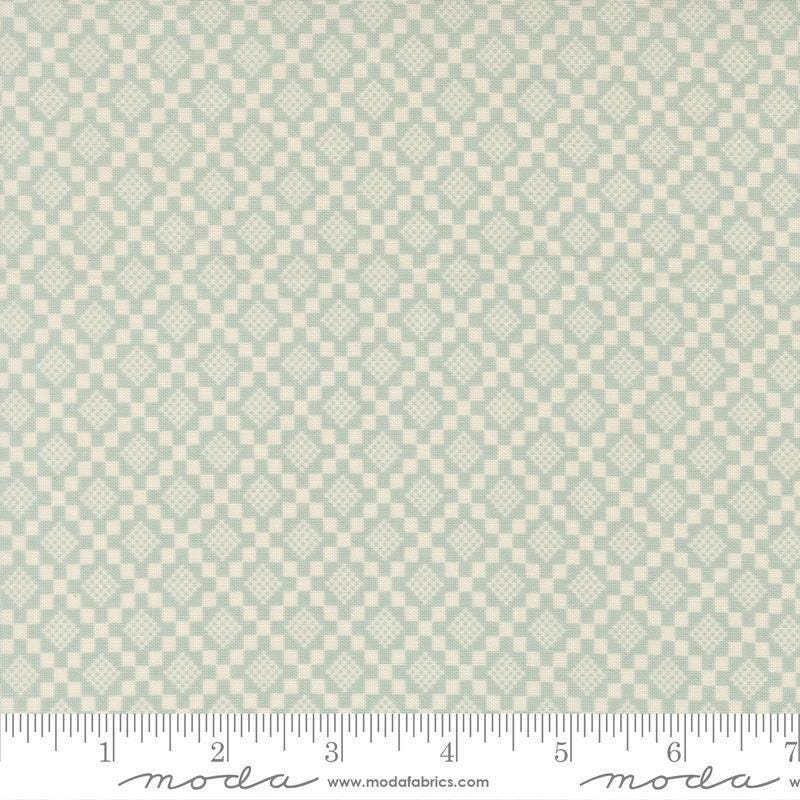 Image of True Love Checkmate Robins Egg quilting cotton fabric by Lella Boutique for Moda Fabrics. Features a geometric pattern on a blue background. Cute Little Fabric Shop.