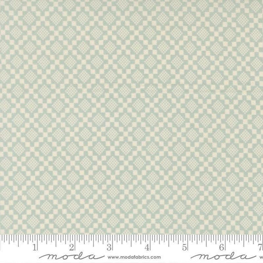 Image of True Love Checkmate Robins Egg quilting cotton fabric by Lella Boutique for Moda Fabrics. Features a geometric pattern on a blue background. Cute Little Fabric Shop.