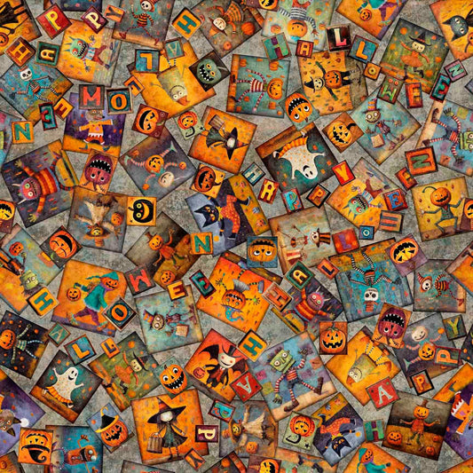 Creepin' It Real Halloween Patchwork Gray Spooky Season Fabric - 30388 - QT Fabrics Quilting Cotton Fabric