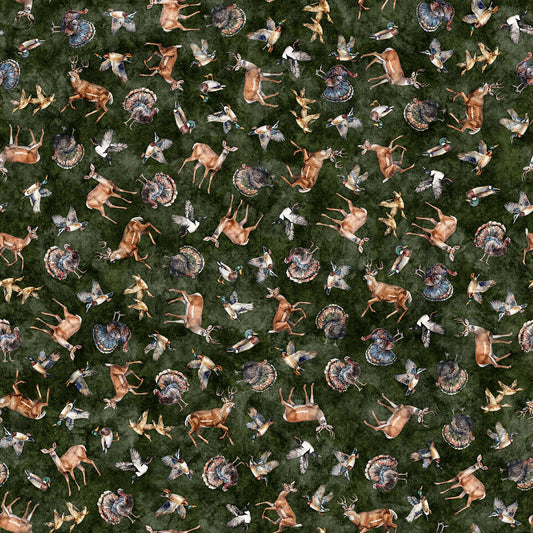 MINKY Forest Field and Stream Wildlife Toss Pine Green Nature Fabric - 31408 - QT Fabrics 100% Polyester Fabric