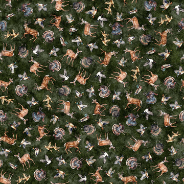 MINKY Forest Field and Stream Wildlife Toss Pine Green Nature Fabric - 31408 - QT Fabrics 100% Polyester Fabric