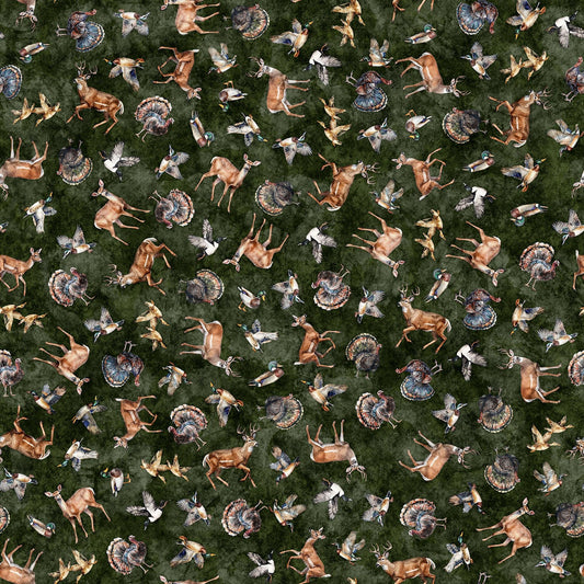 MINKY Forest Field and Stream Wildlife Toss Pine Green Nature Fabric - 31408 - QT Fabrics 100% Polyester Fabric