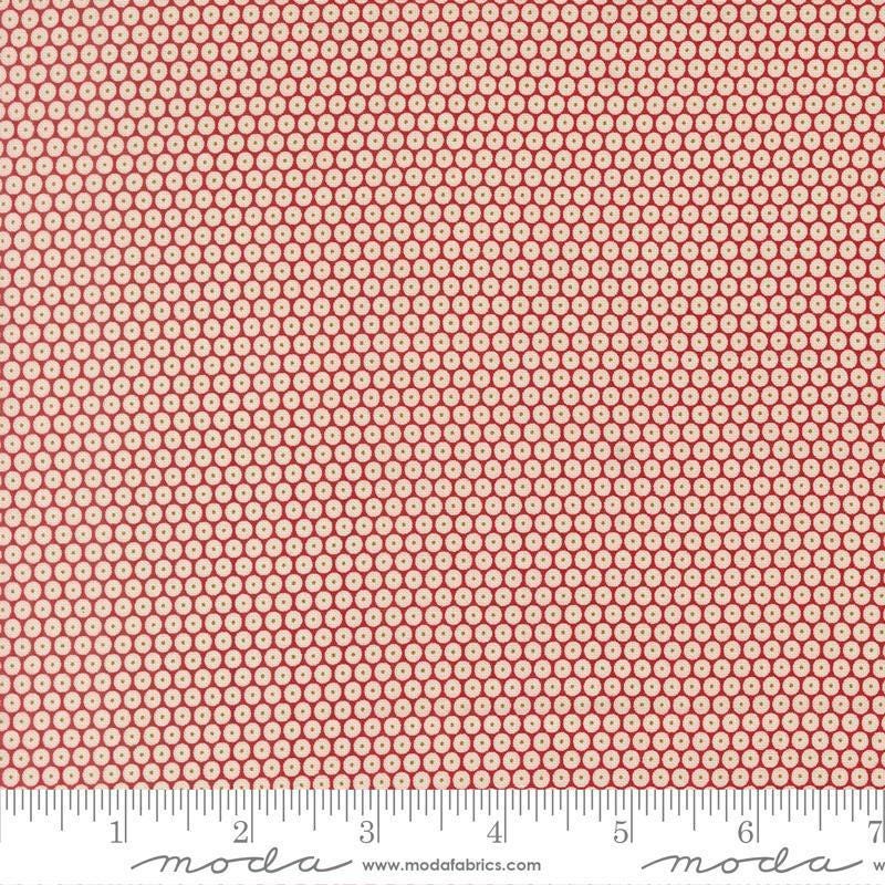 Image of Chilly Snowball Red quilting cotton fabric by Sweetwater for Moda Fabrics. Features a geometric pattern on a red background. Cute Little Fabric Shop.