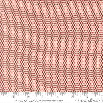 Image of Chilly Snowball Red quilting cotton fabric by Sweetwater for Moda Fabrics. Features a geometric pattern on a red background. Cute Little Fabric Shop.