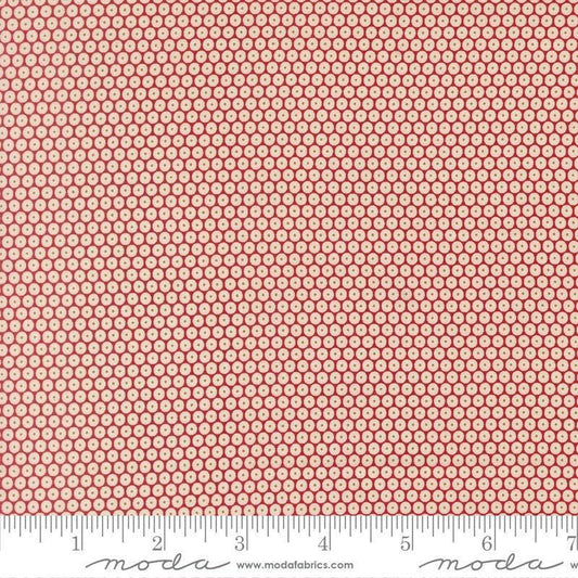Image of Chilly Snowball Red quilting cotton fabric by Sweetwater for Moda Fabrics. Features a geometric pattern on a red background. Cute Little Fabric Shop.
