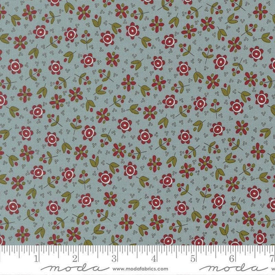 Image of Chilly Christmas Flowers Storm quilting cotton fabric by Sweetwater for Moda Fabrics. Features flowers on a blue background. Cute Little Fabric Shop.