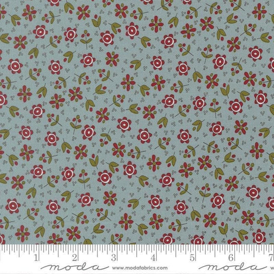 Image of Chilly Christmas Flowers Storm quilting cotton fabric by Sweetwater for Moda Fabrics. Features flowers on a blue background. Cute Little Fabric Shop.