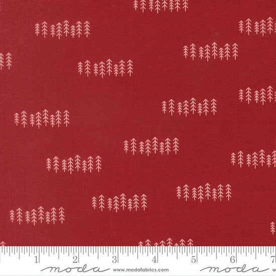 Image of Chilly The Forest Red quilting cotton fabric by Sweetwater for Moda Fabrics. Features trees on a red background. Cute Little Fabric Shop.