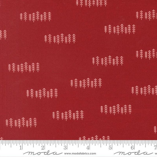 Image of Chilly The Forest Red quilting cotton fabric by Sweetwater for Moda Fabrics. Features trees on a red background. Cute Little Fabric Shop.