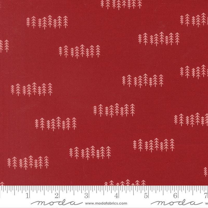 Image of Chilly The Forest Red quilting cotton fabric by Sweetwater for Moda Fabrics. Features trees on a red background. Cute Little Fabric Shop.