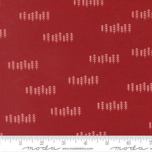 Image of Chilly The Forest Red quilting cotton fabric by Sweetwater for Moda Fabrics. Features trees on a red background. Cute Little Fabric Shop.