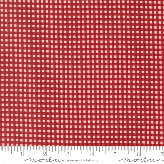 Image of Chilly Gingham Red quilting cotton fabric by Sweetwater for Moda Fabrics. Features gingham on a red background. Cute Little Fabric Shop.
