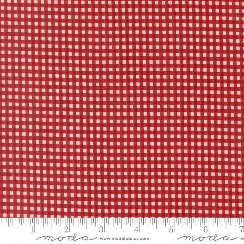 Image of Chilly Gingham Red quilting cotton fabric by Sweetwater for Moda Fabrics. Features gingham on a red background. Cute Little Fabric Shop.