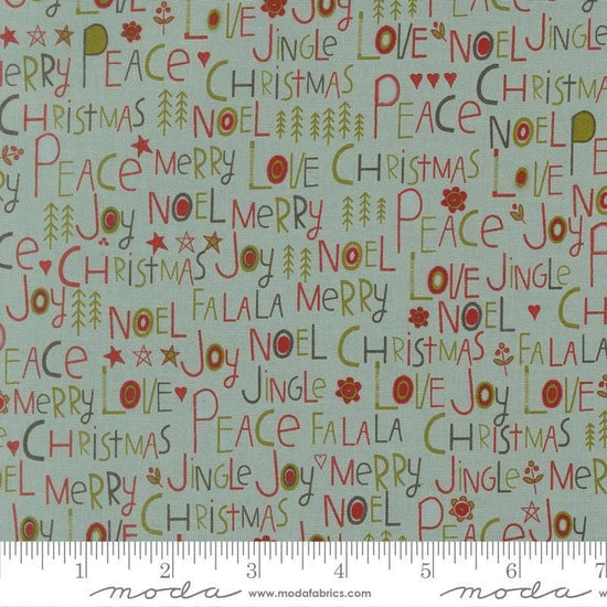 Image of Chilly Peace Love Joy Storm quilting cotton fabric by Sweetwater for Moda Fabrics. Features words on a blue background. Cute Little Fabric Shop.
