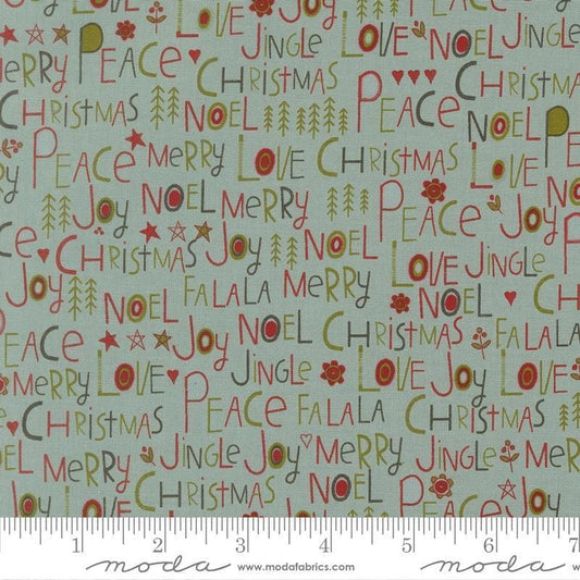 Image of Chilly Peace Love Joy Storm quilting cotton fabric by Sweetwater for Moda Fabrics. Features words on a blue background. Cute Little Fabric Shop.