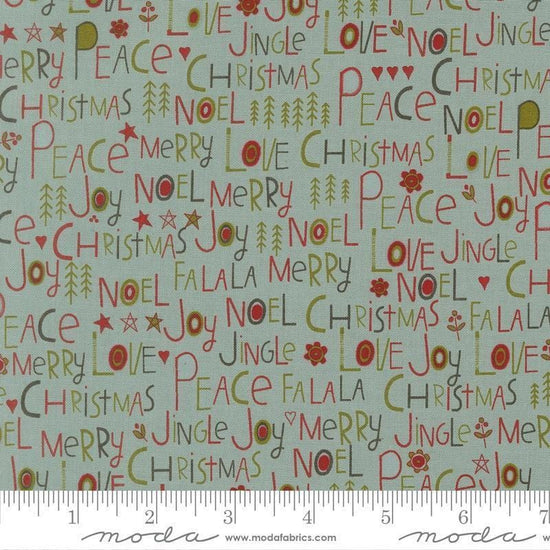 Image of Chilly Peace Love Joy Storm quilting cotton fabric by Sweetwater for Moda Fabrics. Features words on a blue background. Cute Little Fabric Shop.