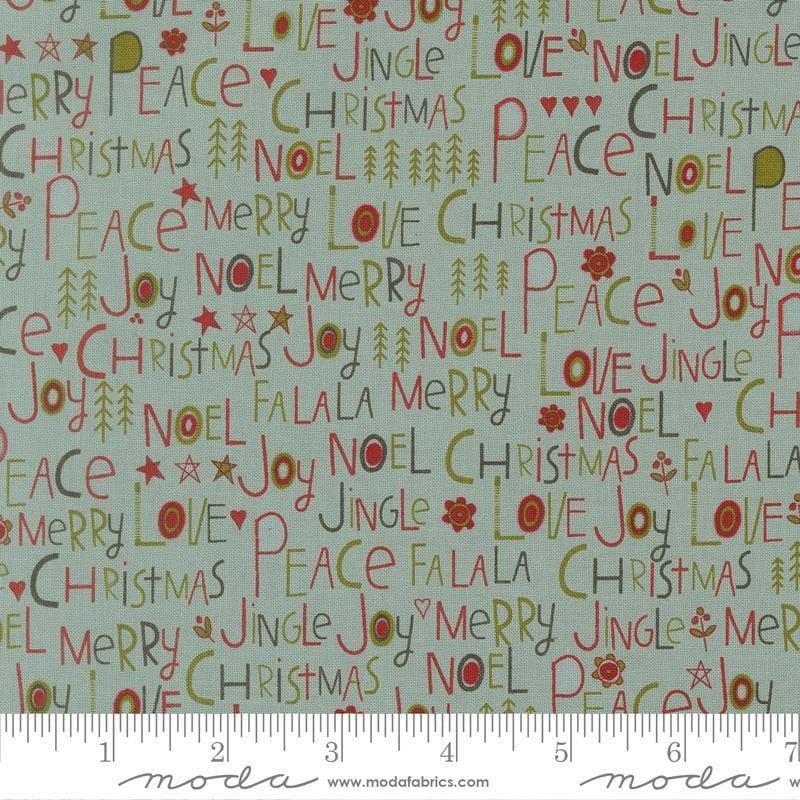 Image of Chilly Peace Love Joy Storm quilting cotton fabric by Sweetwater for Moda Fabrics. Features words on a blue background. Cute Little Fabric Shop.