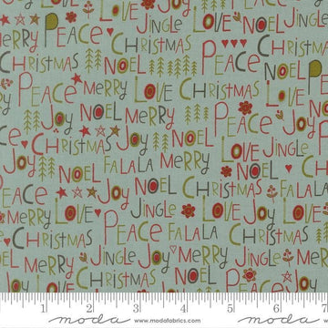 Image of Chilly Peace Love Joy Storm quilting cotton fabric by Sweetwater for Moda Fabrics. Features words on a blue background. Cute Little Fabric Shop.