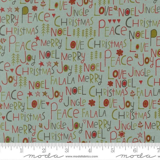 Image of Chilly Peace Love Joy Storm quilting cotton fabric by Sweetwater for Moda Fabrics. Features words on a blue background. Cute Little Fabric Shop.