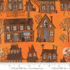 Image of Coven Witch Village Pumpkin quilting cotton fabric by Robin Pickens for Moda Fabrics. Features haunted houses on an orange background. Cute Little Fabric Shop.