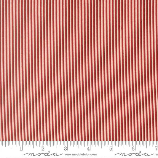 Image of Joyful Gatherings II Peppermint Stripe Cloud Crimson quilting cotton fabric by Primitive Gatherings for Moda Fabrics. Features stripes on a red background. Cute Little Fabric Shop.