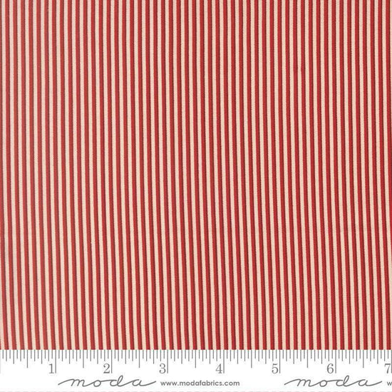 Image of Joyful Gatherings II Peppermint Stripe Cloud Crimson quilting cotton fabric by Primitive Gatherings for Moda Fabrics. Features stripes on a red background. Cute Little Fabric Shop.