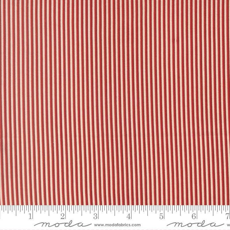 Image of Joyful Gatherings II Peppermint Stripe Cloud Crimson quilting cotton fabric by Primitive Gatherings for Moda Fabrics. Features stripes on a red background. Cute Little Fabric Shop.