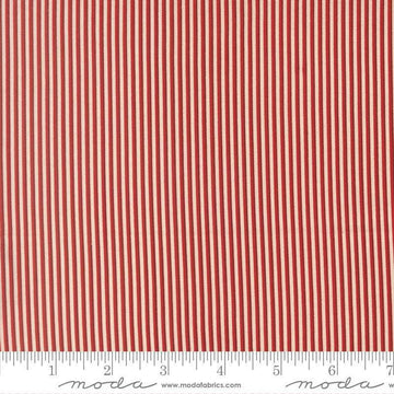 Image of Joyful Gatherings II Peppermint Stripe Cloud Crimson quilting cotton fabric by Primitive Gatherings for Moda Fabrics. Features stripes on a red background. Cute Little Fabric Shop.