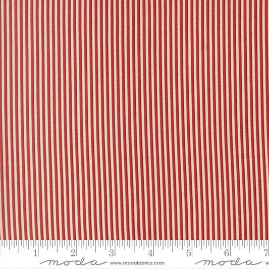Image of Joyful Gatherings II Peppermint Stripe Cloud Crimson quilting cotton fabric by Primitive Gatherings for Moda Fabrics. Features stripes on a red background. Cute Little Fabric Shop.