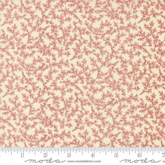 Image of Joyful Gatherings II Mistletoe Cloud Crimson quilting cotton fabric by Primitive Gatherings for Moda Fabrics. Features flowers on a cream background. Cute Little Fabric Shop.