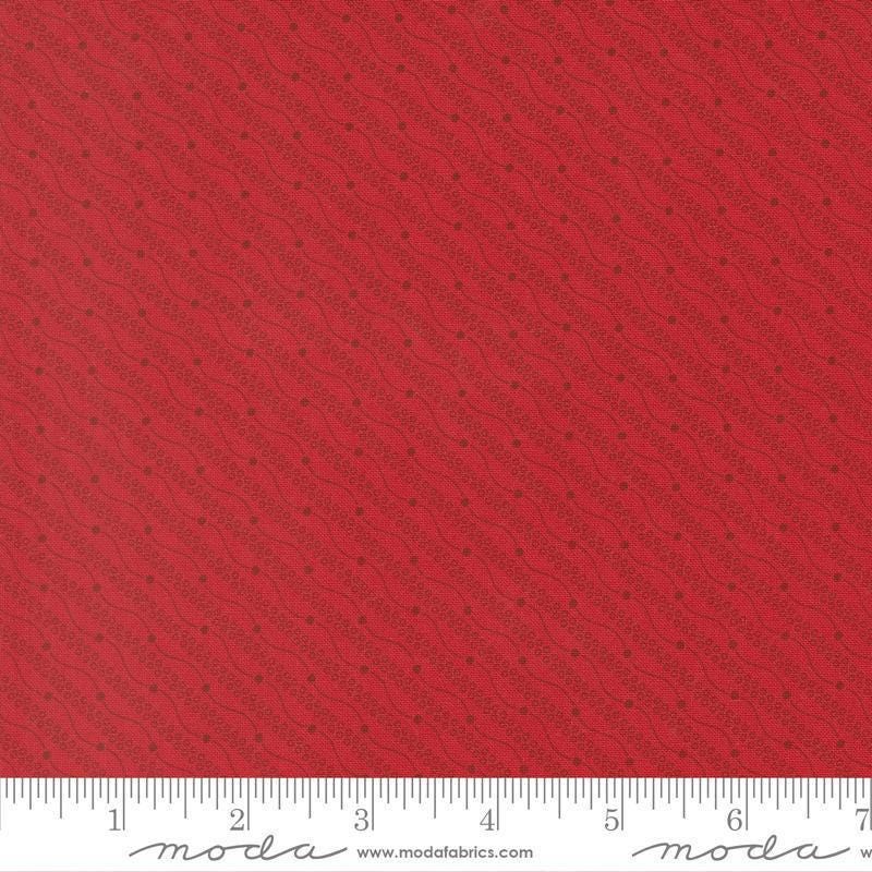 Image of Joyful Gatherings II Razzle Dazzle Crimson quilting cotton fabric by Primitive Gatherings for Moda Fabrics. Features stripes on a red background. Cute Little Fabric Shop.