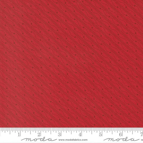 Image of Joyful Gatherings II Razzle Dazzle Crimson quilting cotton fabric by Primitive Gatherings for Moda Fabrics. Features stripes on a red background. Cute Little Fabric Shop.