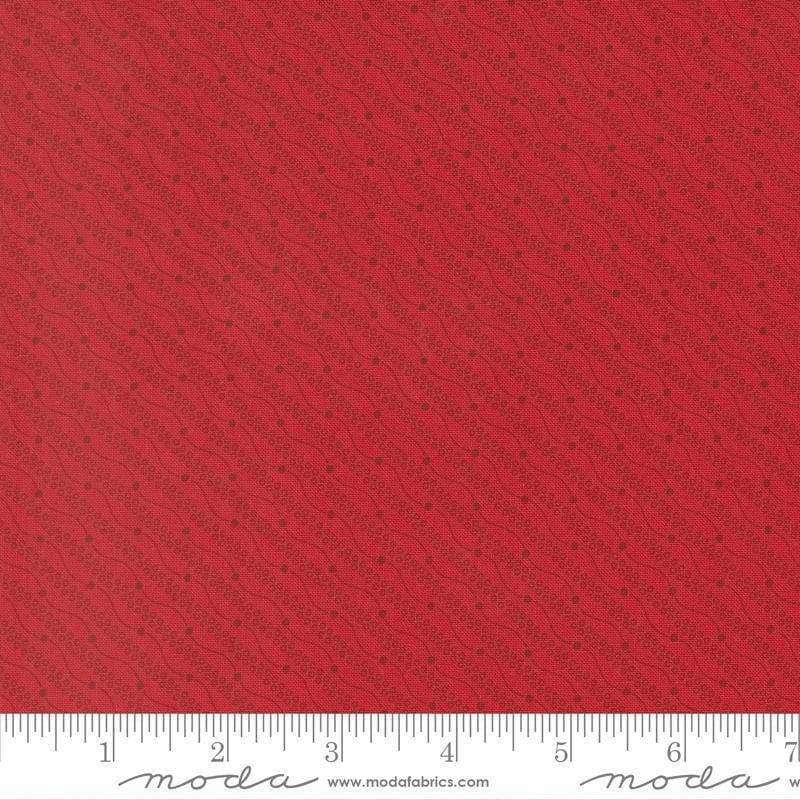 Image of Joyful Gatherings II Razzle Dazzle Crimson quilting cotton fabric by Primitive Gatherings for Moda Fabrics. Features stripes on a red background. Cute Little Fabric Shop.