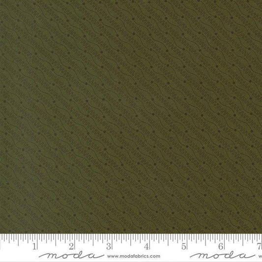 Image of Joyful Gatherings II Razzle Dazzle Evergreen quilting cotton fabric by Primitive Gatherings for Moda Fabrics. Features stripes on a green background. Cute Little Fabric Shop.